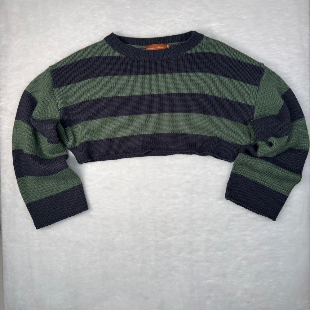 Beige Botany Cropped Sweater S/M Green Striped Grunge Y2K Women Rugby